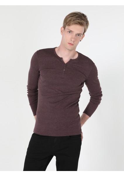 Slim Fit Placket Neck Erkek Mor Uzun Kol Tişört Cl1022847