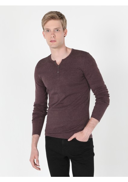 Slim Fit Placket Neck Erkek Mor Uzun Kol Tişört Cl1022847