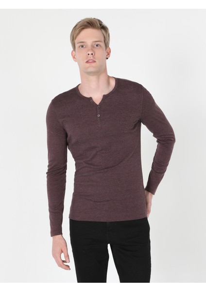 Slim Fit Placket Neck Erkek Mor Uzun Kol Tişört Cl1022847