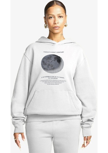 The Champ Clothing Kapüşonlu Içi Polar Moon Baskılı Beyaz Unisex Sweatshirt