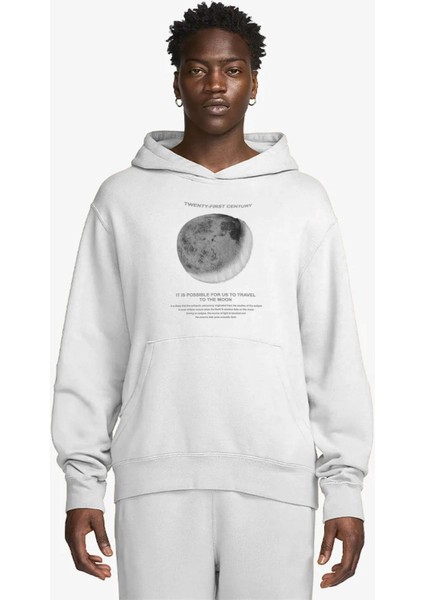 The Champ Clothing Kapüşonlu Içi Polar Moon Baskılı Beyaz Unisex Sweatshirt