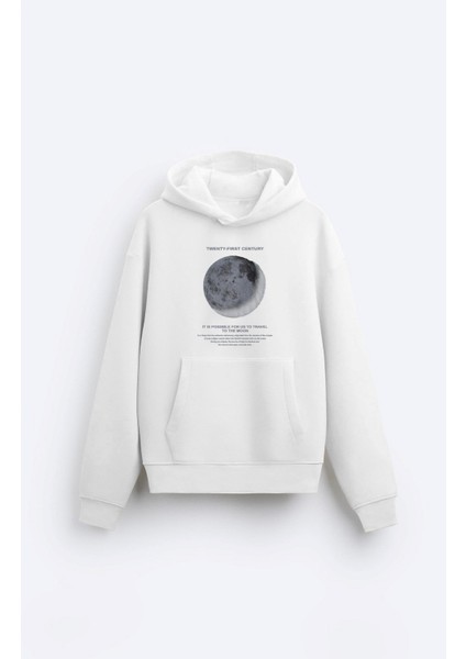 The Champ Clothing Kapüşonlu Içi Polar Moon Baskılı Beyaz Unisex Sweatshirt