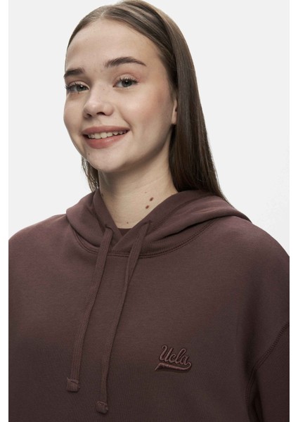 Weber Kahve Bisiklet Yaka Nakışlı Oversize Kadın Sweatshirt