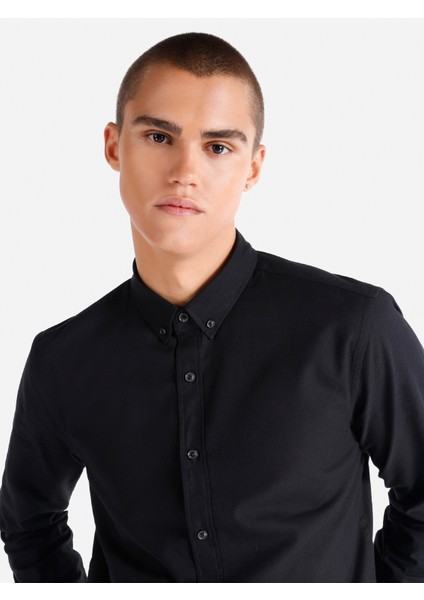 Slim Fit Shirt Neck Erkek Siyah Uzun Kol Gömlek Cl1048576