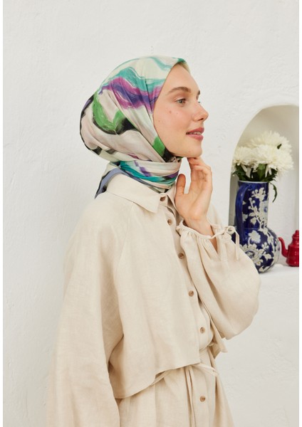 Colour Waves Desen Pamuk Vual Eşarp Indigo