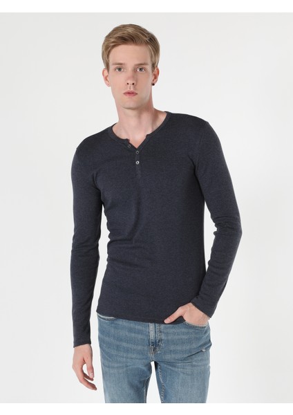 Slim Fit Placket Neck Erkek Mavi Uzun Kol Tişört Cl1022847