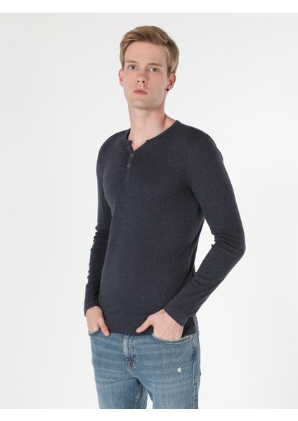 Slim Fit Placket Neck Erkek Mavi Uzun Kol Tişört Cl1022847