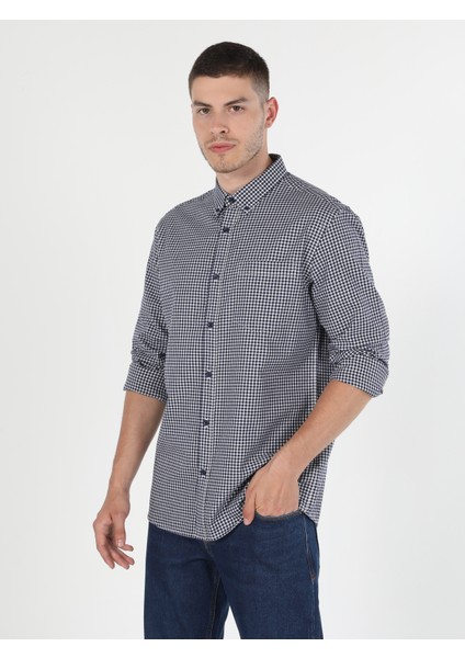 Regular Fit Shirt Neck Erkek Lacivert Uzun Kol Gömlek Cl1044227