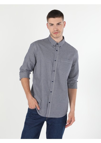 Regular Fit Shirt Neck Erkek Lacivert Uzun Kol Gömlek Cl1044227