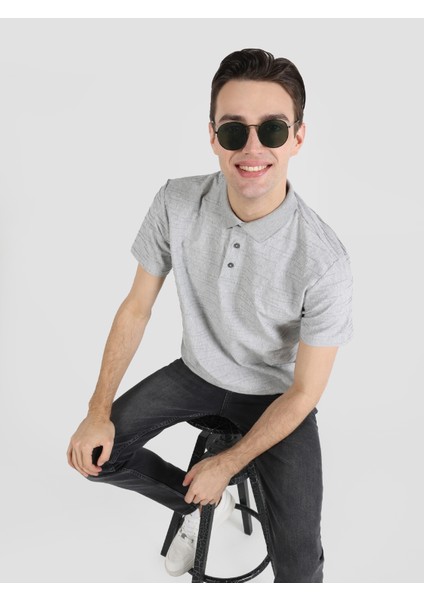 Regular Fit Polo Yaka Düz Erkek Gri Kısa Kol Tişört