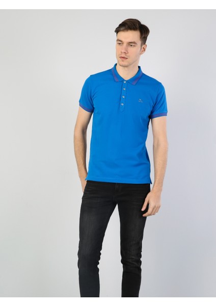 Slim Fit Polo Yaka Erkek Mavi Kısa Kol Tişört Cl1040747