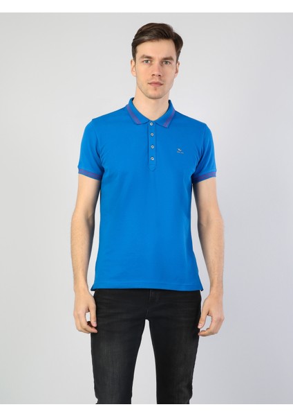 Slim Fit Polo Yaka Erkek Mavi Kısa Kol Tişört Cl1040747