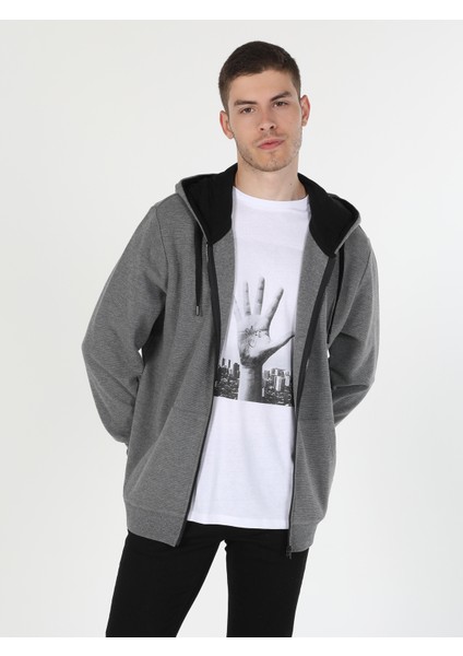 Regular Fit Fermuarlı Kapüşonlu Erkek Gri Sweatshirt Cl1045425