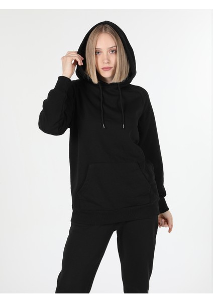 Regular Fit Kapüşonlu Düz Kadın Siyah Sweatshirt indirimleri