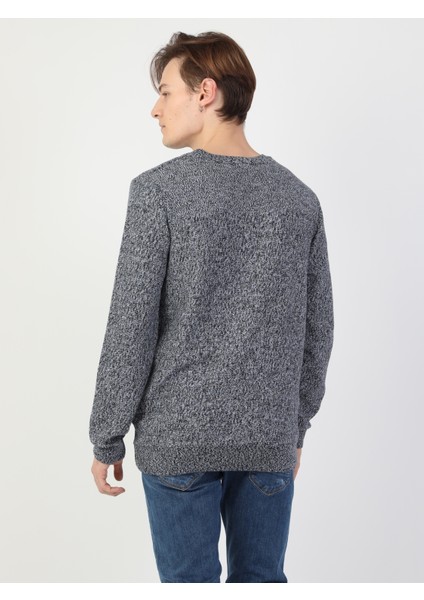 Slim Fit Yuvarlak Yaka Erkek Mavi Kazak