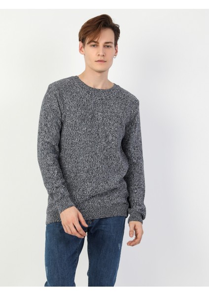 Slim Fit Yuvarlak Yaka Erkek Mavi Kazak