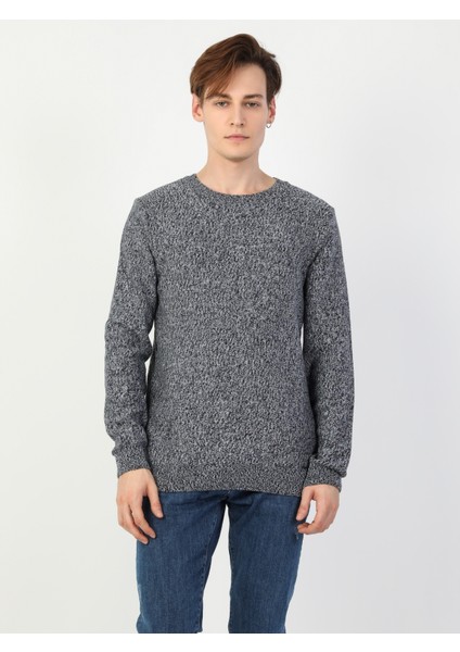 Slim Fit Yuvarlak Yaka Erkek Mavi Kazak
