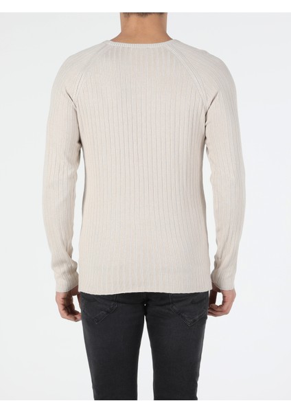 Slim Fit Yuvarlak Yaka Erkek Bej Kazak