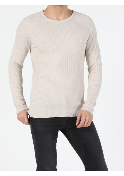 Slim Fit Yuvarlak Yaka Erkek Bej Kazak