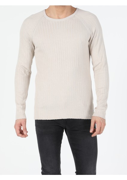 Slim Fit Yuvarlak Yaka Erkek Bej Kazak