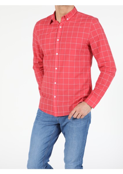 Slim Fit Shirt Neck Erkek Kirmizi Uzun Kol Gömlek modelleri