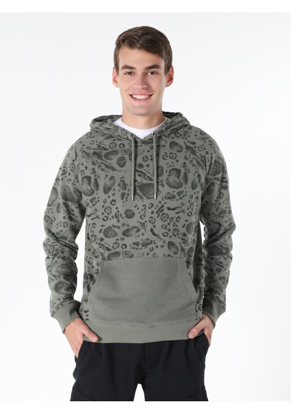 Regular Fit Baskılı Kapüşonlu Yeşil Erkek Sweatshirt Cl1060901