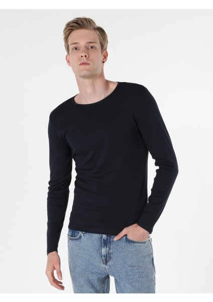 Slim Fit Bisiklet Yaka Erkek Lacivert Uzun Kol Tişört Cl1051052