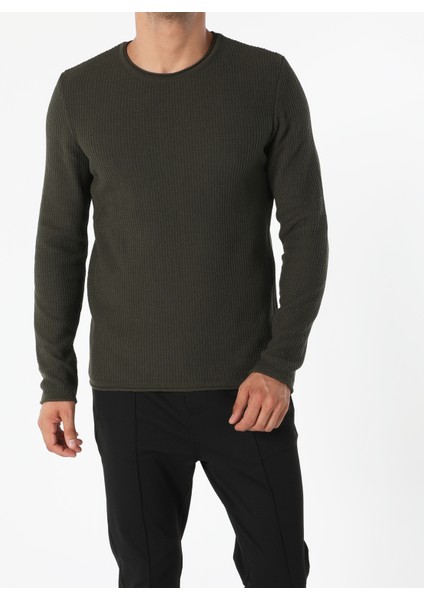 Slim Fit Yuvarlak Yaka Erkek Yeşil Kazak