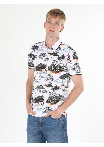 Regular Fit Polo Yaka Baskılı Erkek Çok Renkli Kısa Kol Tişört