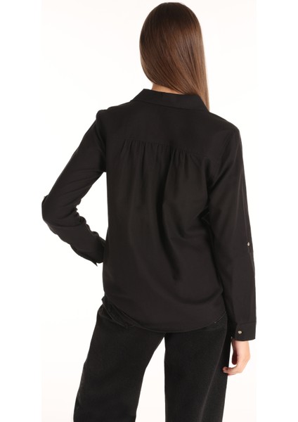 Regular Fit Shirt Neck Düz Kadın Siyah Roll-up Gömlek fiyatları