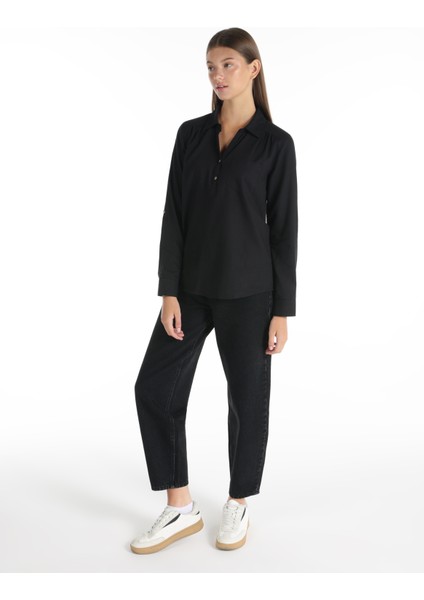 Regular Fit Shirt Neck Düz Kadın Siyah Roll-up Gömlek modelleri