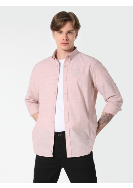 Regular Fit Shirt Neck Düz Erkek Pembe Roll-up Gömlek