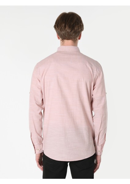 Regular Fit Shirt Neck Düz Erkek Pembe Roll-up Gömlek