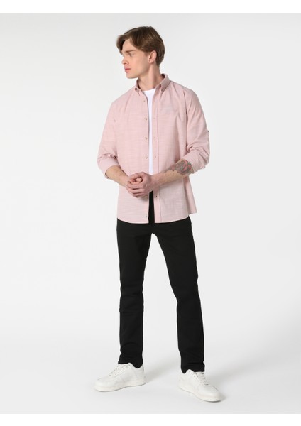 Regular Fit Shirt Neck Düz Erkek Pembe Roll-up Gömlek