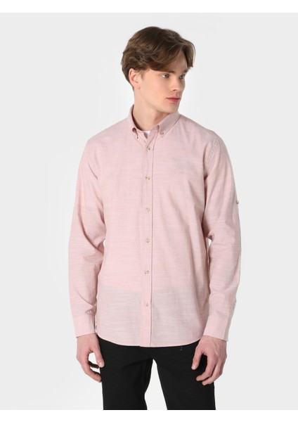 Regular Fit Shirt Neck Düz Erkek Pembe Roll-up Gömlek