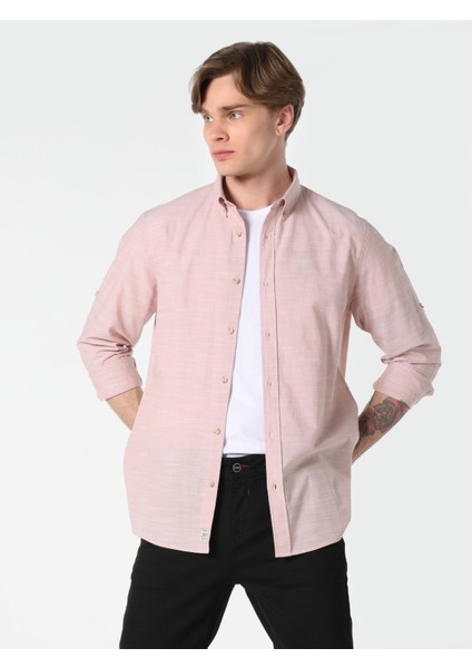 Regular Fit Shirt Neck Düz Erkek Pembe Roll-up Gömlek