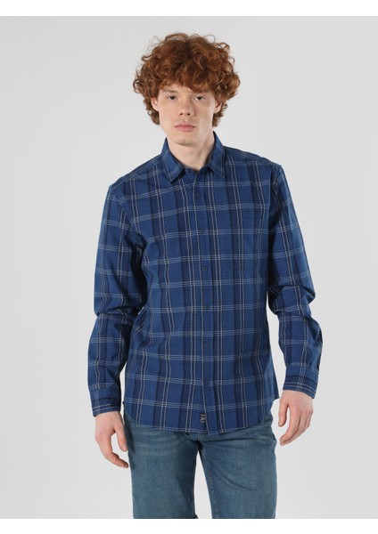 Slim Fit Shirt Neck Ekoseli Erkek Mavi Uzun Kol Gömlek