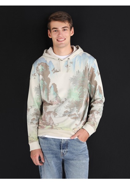 Regular Fit Kapüşonlu Baskılı Taş Erkek Sweatshirt Cl1059897