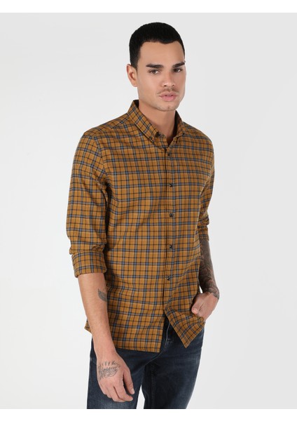 Slim Fit Shirt Neck Ekoseli Erkek Sari Uzun Kol Gömlek