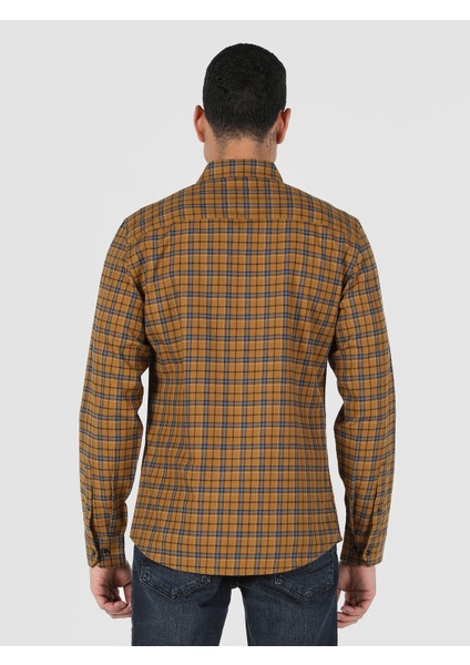 Slim Fit Shirt Neck Ekoseli Erkek Sari Uzun Kol Gömlek