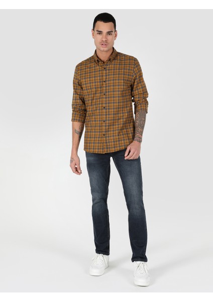 Slim Fit Shirt Neck Ekoseli Erkek Sari Uzun Kol Gömlek