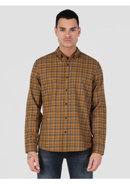 Slim Fit Shirt Neck Ekoseli Erkek Sari Uzun Kol Gömlek