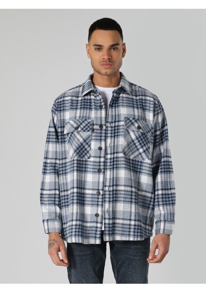 Regular Fit Ekoseli Cepli Mavi Erkek Uzun Kol Gömlek Cl1061679