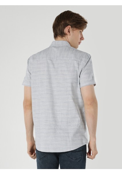 Regular Fit Shirt Neck Çizgili Erkek Mavi Kısa Kol Gömlek