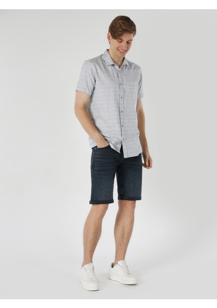 Regular Fit Shirt Neck Çizgili Erkek Mavi Kısa Kol Gömlek