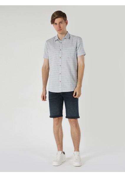 Regular Fit Shirt Neck Çizgili Erkek Mavi Kısa Kol Gömlek