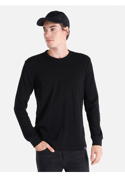 Regular Fit Yuvarlak Yaka Düz Erkek Siyah Uzun Kol Tişört