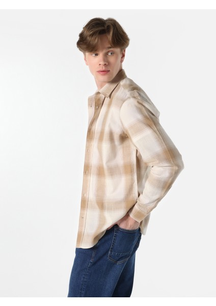 Regular Fit Shirt Neck Ekoseli Erkek Bej Uzun Kol Gömlek