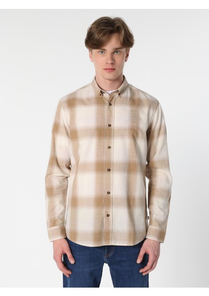 Regular Fit Shirt Neck Ekoseli Erkek Bej Uzun Kol Gömlek fırsatları