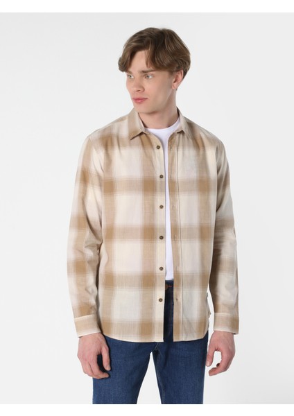 Regular Fit Shirt Neck Ekoseli Erkek Bej Uzun Kol Gömlek indirimleri